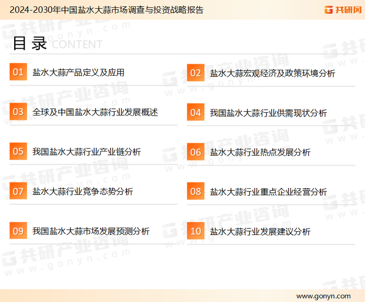 为确保盐水大蒜行业数据精准性以及内容的可参考价值，共研产业研究院团队通过上市公司年报、厂家调研、经销商座谈、专家验证等多渠道开展数据采集工作，并运用共研自主建立的产业分析模型，结合市场、行业和厂商进行深度剖析，能够反映当前市场现状、热点、动态及未来趋势，使从业者能够从多种维度、多个侧面综合了解当前盐水大蒜行业的发展态势。