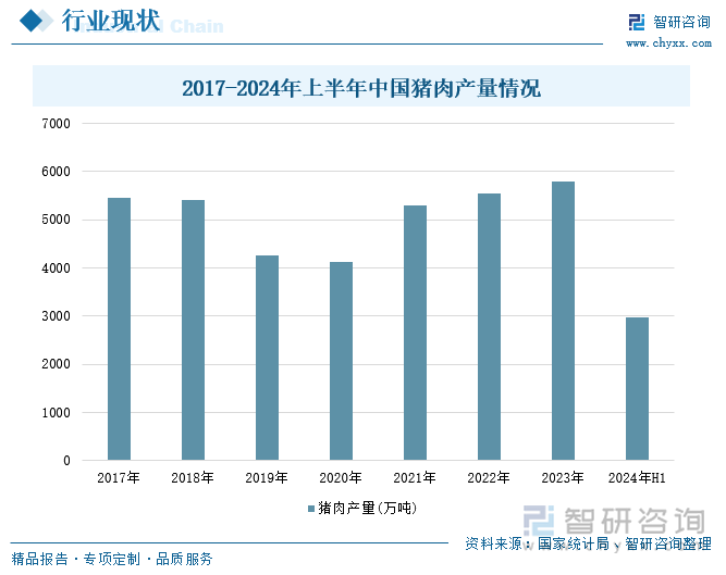 2017-2024年上半年中国猪肉产量情况